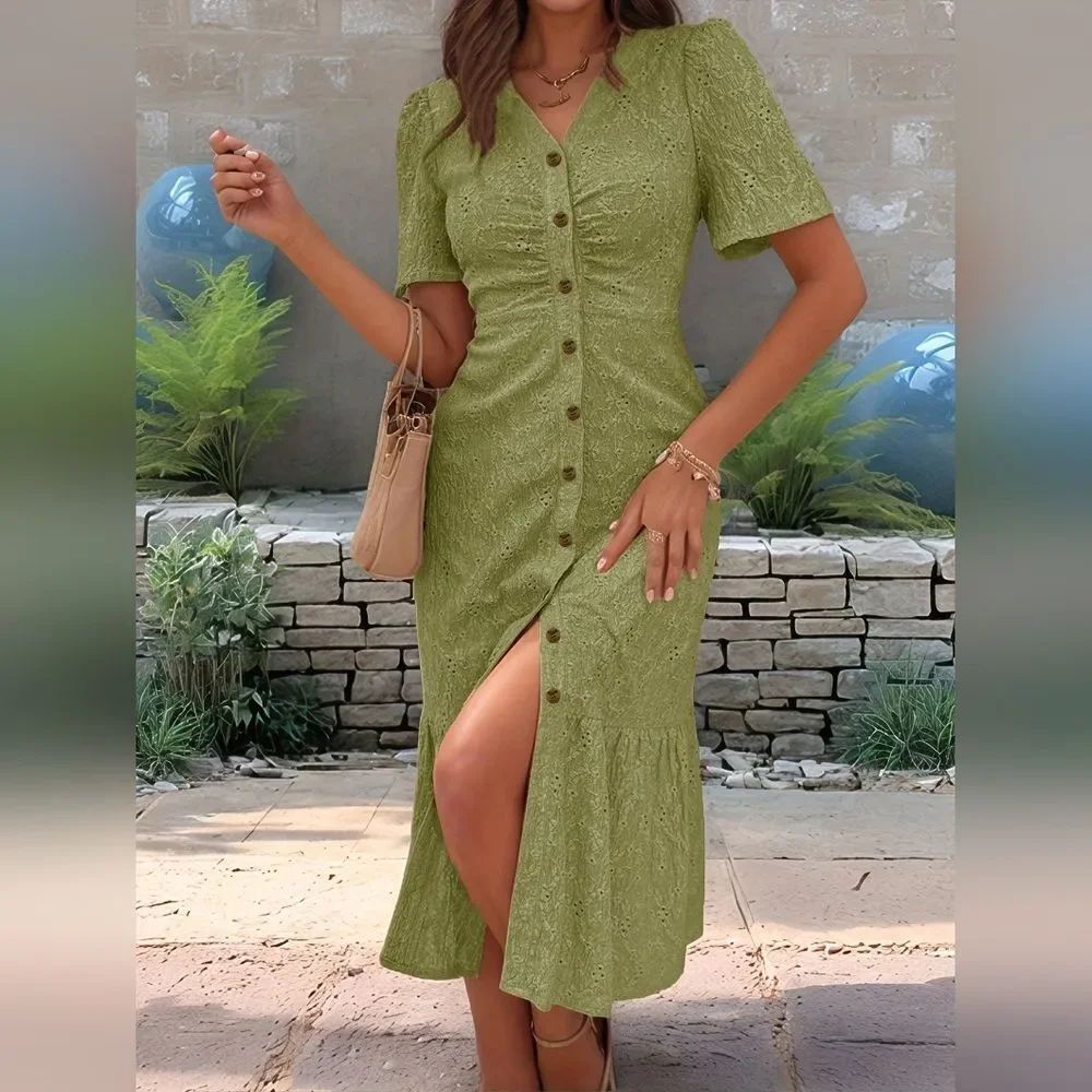💥3/$180💥Eyelet Embroidered Midi Moss Green Button-Down Fitted Ruched Dress